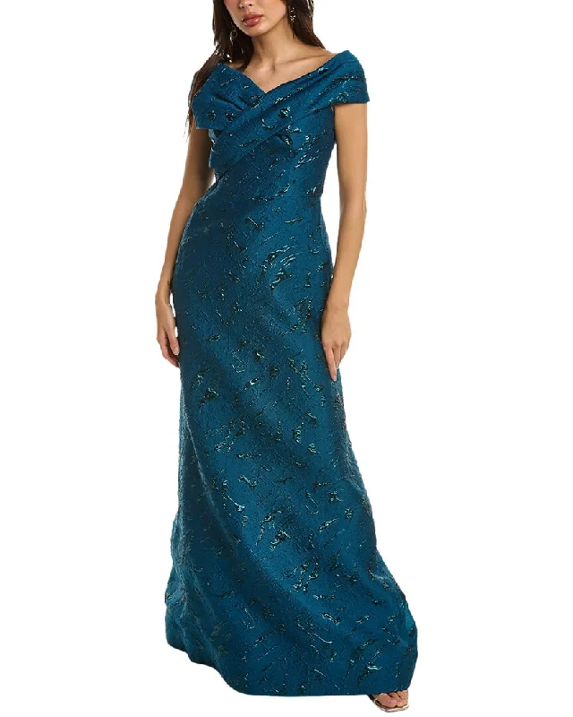 Party dress that is age-appropriate -Teri Jon by Rickie Freeman Off-The-Shoulder Jacquard Gown