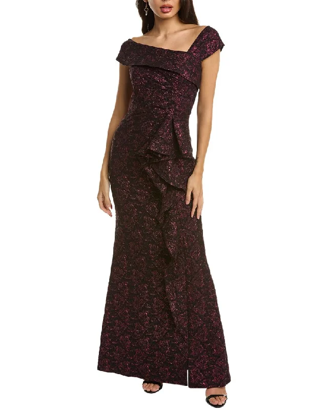 Party dress with sleeves for winter -Teri Jon by Rickie Freeman Off-The-Shoulder Jacquard Gown