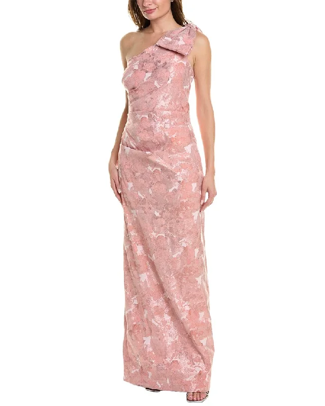 Party dress with scarf -Teri Jon by Rickie Freeman One-Shoulder Jacquard Gown