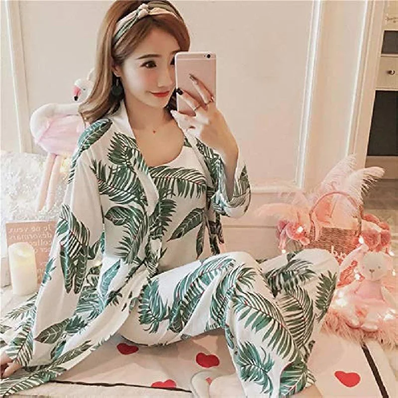 Party dress that is eco-friendly -Women's 3 Pajamas Leaf Print Camouflage and Trousers Pajama Set S3574173