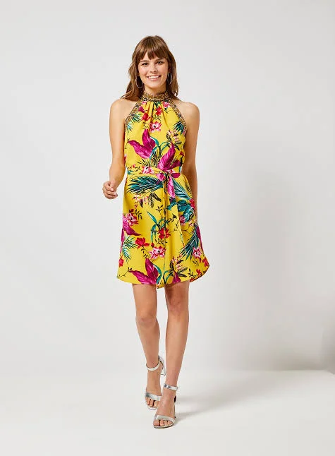 Party dress in luxury brand -Yellow Tropical Print Tie Waist Dress