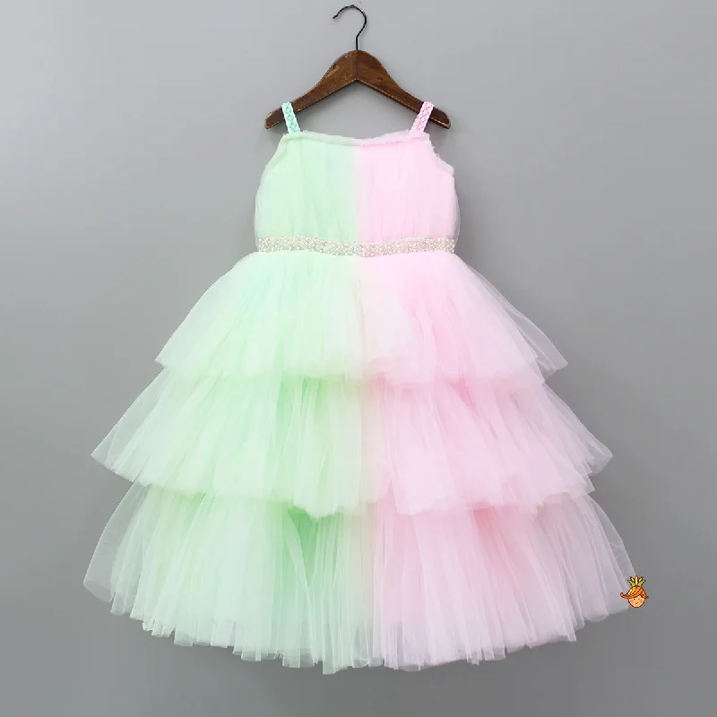 Party dress in designer style -Pre Order: Dual Tone Strappy Layered Net Gown
