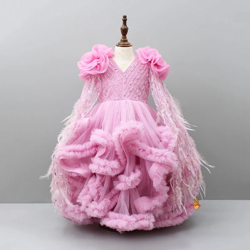 Party dress for a bachelorette party -Pre Order: Embroidered Drape Ruffle Layered Pink Gown Party dress for a bachelorette party -Pre Order: Embroidered Drape Ruffle Layered Pink Gown