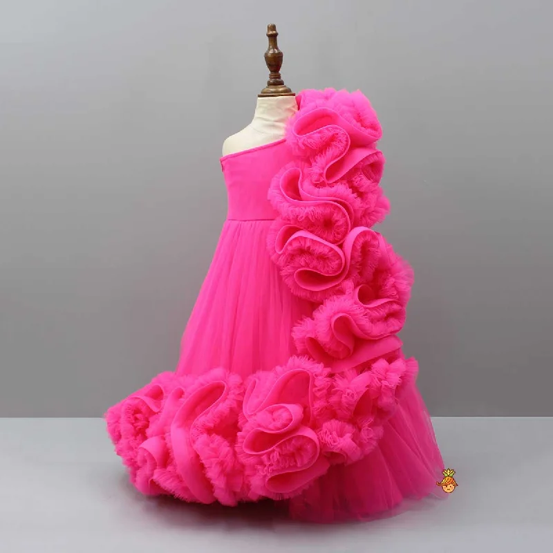 Party dress with easy returns -Pre Order: Pink One Shoulder Ruffle Net Gown