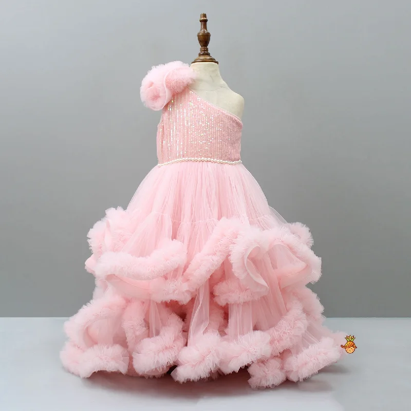 Party dress with fast shipping -Pre Order: Sequins Embellished One Shoulder Layered Gown