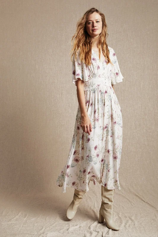 Party dress with boots -Womens white floral viscose dress