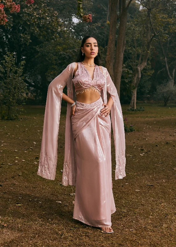 Party dress that accentuates curves -Amina Mauve Chiffon Hand Embroidered Coord Set