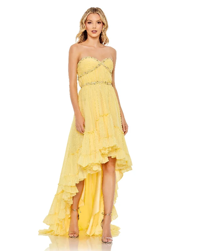 Party dress with hat -Beaded Strappled Ruffle High Low Gown