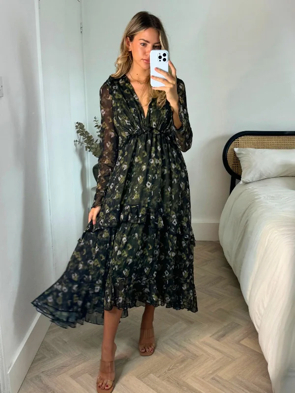 Dress for party cocktail attire -Birdie Frill Tie Back Dress / Blurred Khaki Floral