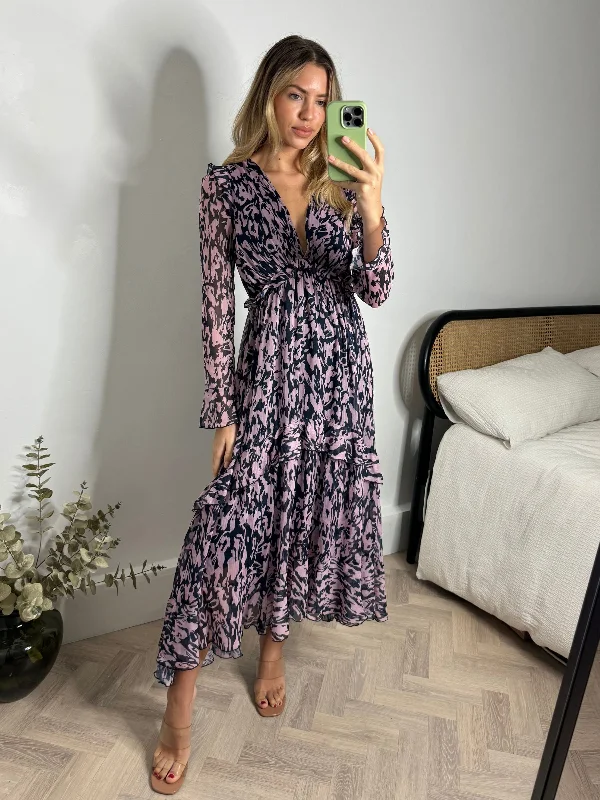 Party dress that is easy to dance in -Birdie Frill Tie Back Dress / Blush & Navy