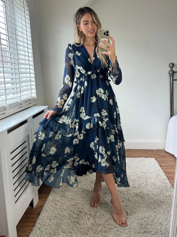 Party dress with a square neckline -Birdie Frill Tie Back Dress / Navy and Beige Floral Party dress with a square neckline -Birdie Frill Tie Back Dress / Navy and Beige Floral