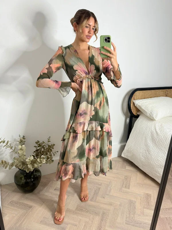 Dress for party glamorous style -Birdie Frill Tie Back Dress / Pastel Floral