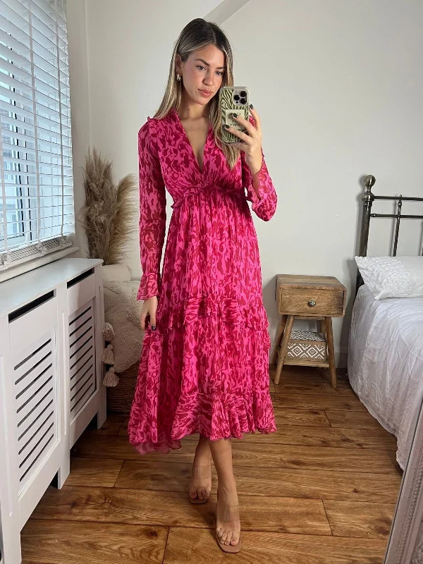 Dress for party festive gathering -Birdie Frill Tie Back Dress / Pink Animal