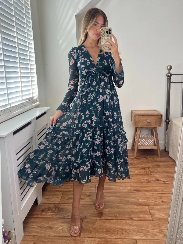 Party dress with a one-shoulder design -Birdie Frill Tie Back Dress / Teal Floral