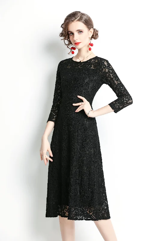 evening dress for corporate galas-Black Evening Classic A-line Crewneck Bracelet Below Knee Lace Dress evening dress for corporate galas-Black Evening Classic A-line Crewneck Bracelet Below Knee Lace Dress