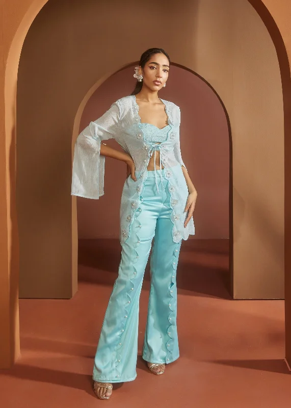 Party dress with lace accents -Arika Blue Pearl Embroidered Coord Set