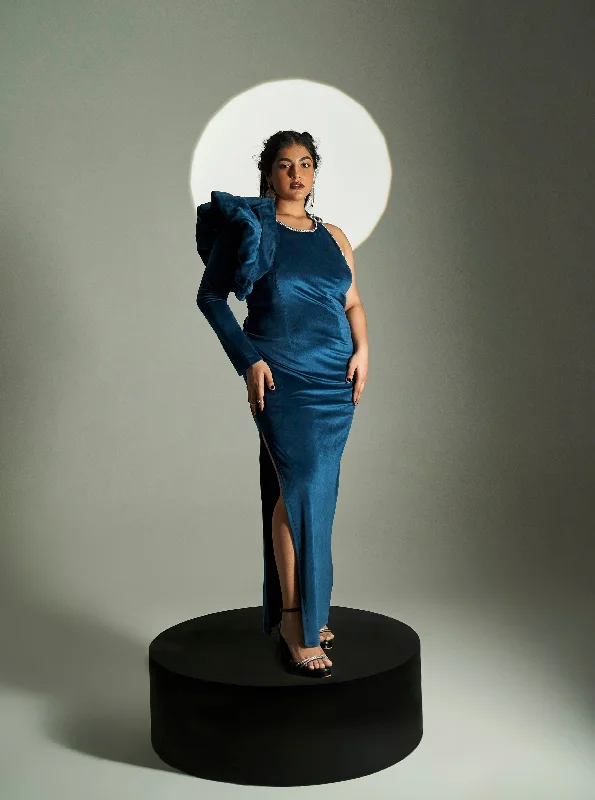 Party dress like a celebrity -Topaz Blue Velvet Gown