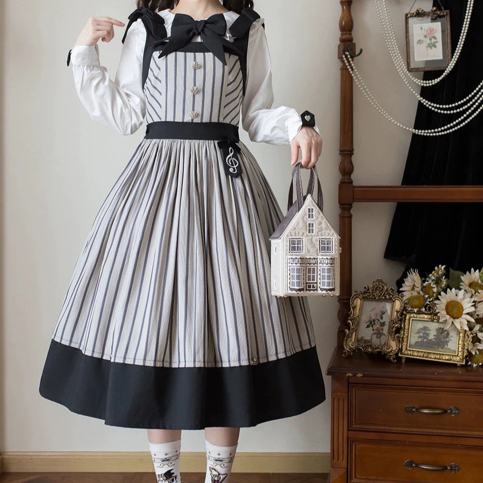 embroidered evening dress hems-【受注予約11/7まで】Twilight and Nightfall ストライプジャンパースカート
