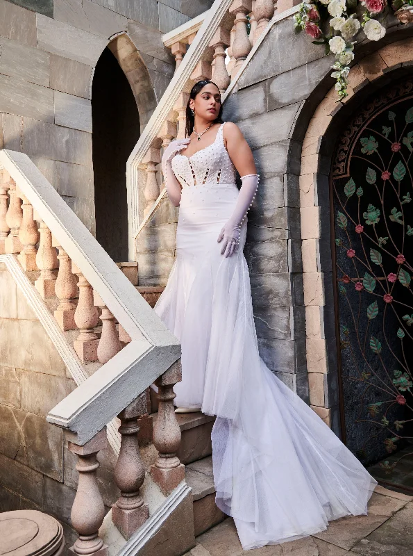 Party dress with cardigan -Cecilia White Pearl Embroidered Corset Gown