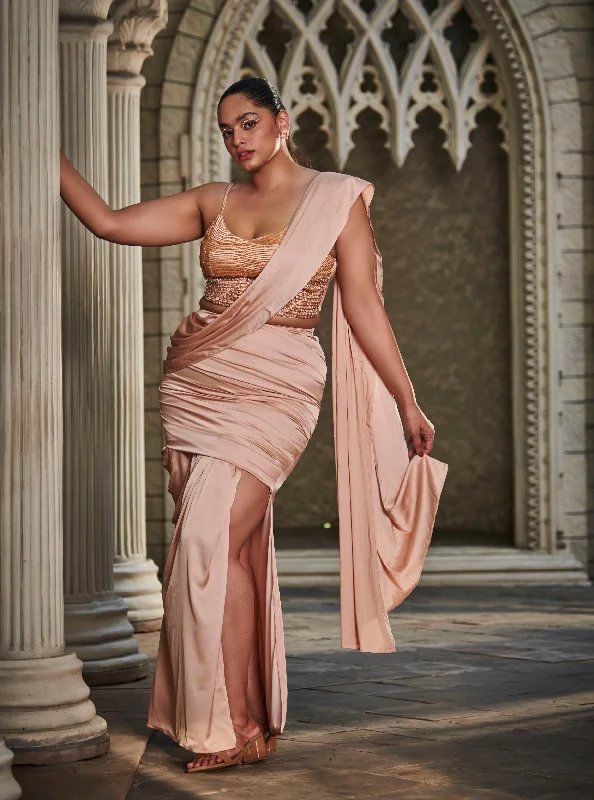 Party dress that is comfortable -Inayat Hand-Embroidered Apricot Saree Set