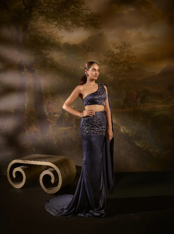 Party dress for indoor party -Nazm Sapphire Pearl Hand-Embroidered Saree Gown Set