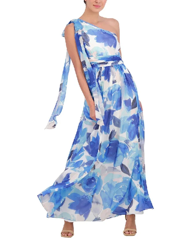 Party dress that is head-turning -Eliza J One-Shoulder Printed Chiffon Gown