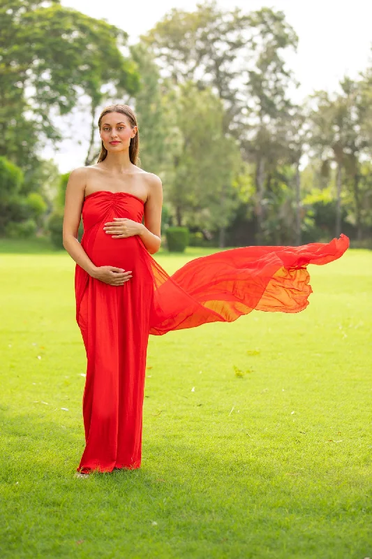 Party dress with stripes -Luxe Cherry Red Off-Shoulder Trail Maternity Photoshoot Gown Party dress with stripes -Luxe Cherry Red Off-Shoulder Trail Maternity Photoshoot Gown