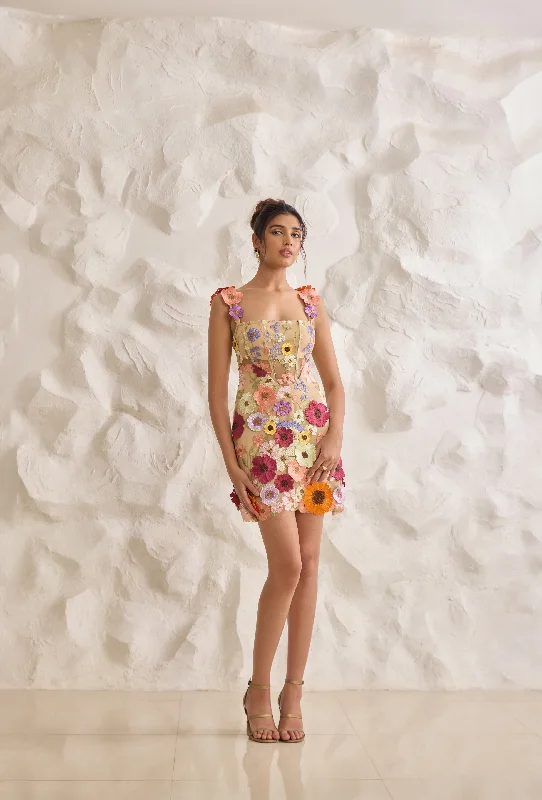Party dress that accentuates curves -Flor Nude 3-D Flower Embroidered Corset Dress