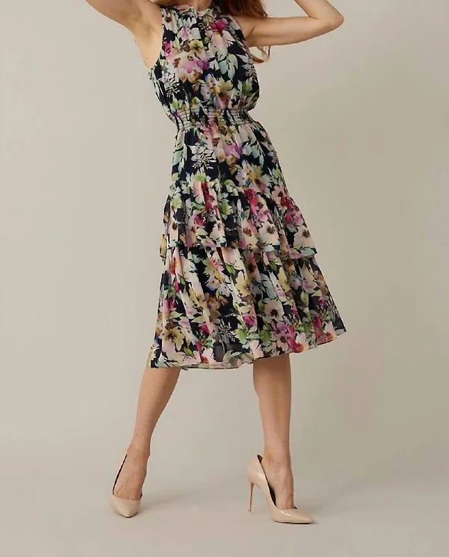 affordable evening gowns under $200-Floral Halter Dress In Midnight Blue/Multi