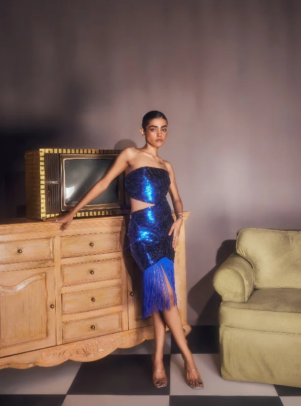 Party dress in handmade design -Siona Blue Shine Tassel Dress