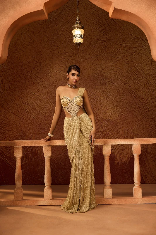 Dress for party joyous occasion -Dyuti Gold Shimmer Pre-Draped Saree Gown