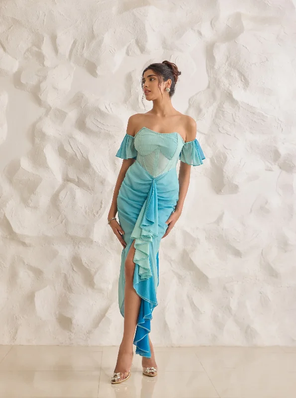 Party dress on sale near me -Greta Blue Ombre Chiffon Corset Dress