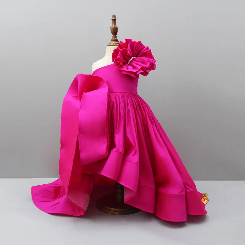 Party dress with spaghetti straps -High Low Ruffles Enhanced Pink Gown