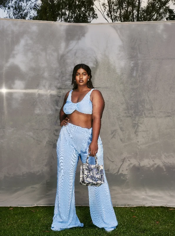 Party dress with an asymmetrical hemline -Kiki Baby Blue Pleated Satin Coord Set