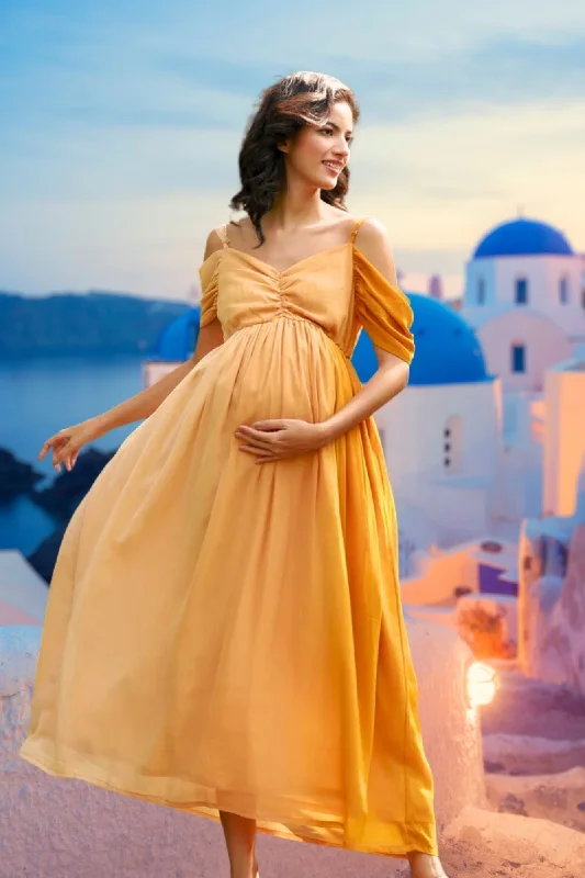 Party dress for beach party -Luxe Appealing Golden Off-Shoulder Maternity Photoshoot Gown Party dress for beach party -Luxe Appealing Golden Off-Shoulder Maternity Photoshoot Gown