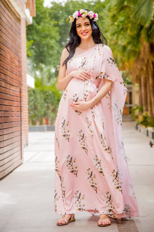 Party dress for indoor party -Luxe Carnation Pink One Shoulder Floral Maternity Gown Party dress for indoor party -Luxe Carnation Pink One Shoulder Floral Maternity Gown