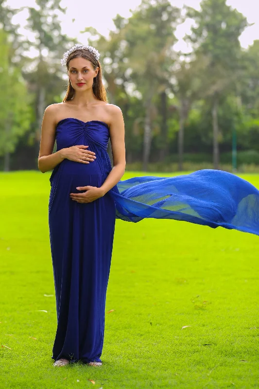 Party dress with animal print -Luxe Royal Blue Off-Shoulder Trail Maternity Photoshoot Gown