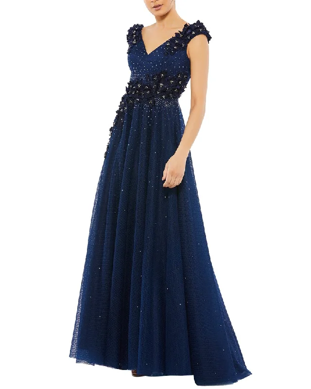 evening gowns with side zippers-Mac Duggal Floral Applique A-Line Evening Gown