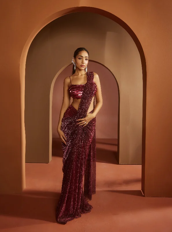 Party dress with sequins sparkle -Humaida Maroon Shimmer Pre- Draped Saree Set