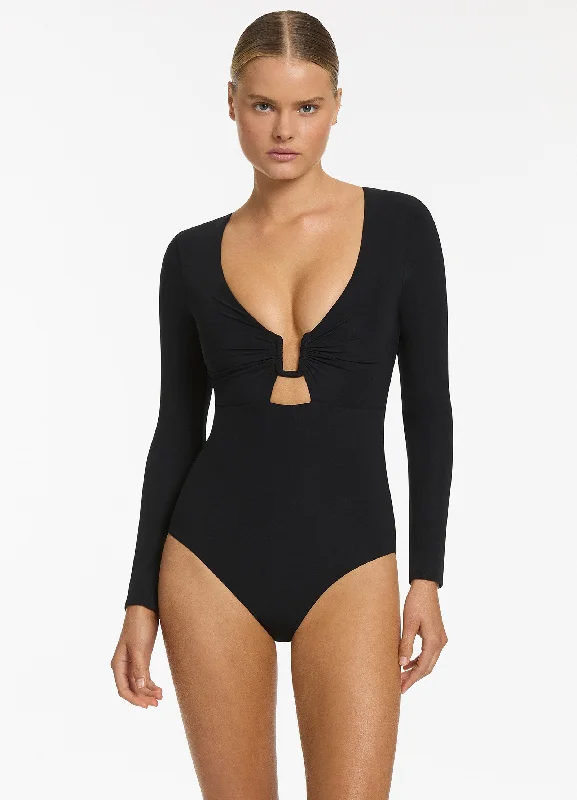 illusion back evening dresses-Midnight Tropical Cut Out Surfsuit - Black
