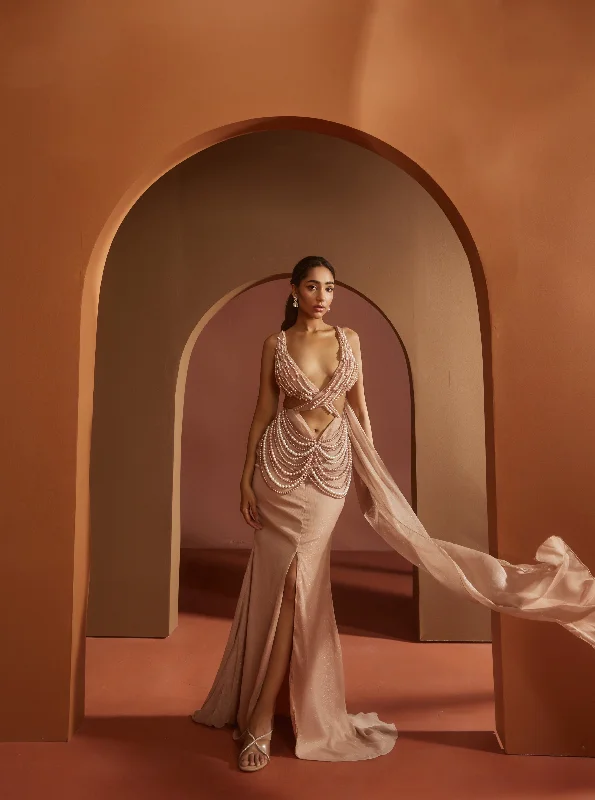 Party dress with pockets details -Idika Nude Pink Pearl Criss-Cross Cutout Gown