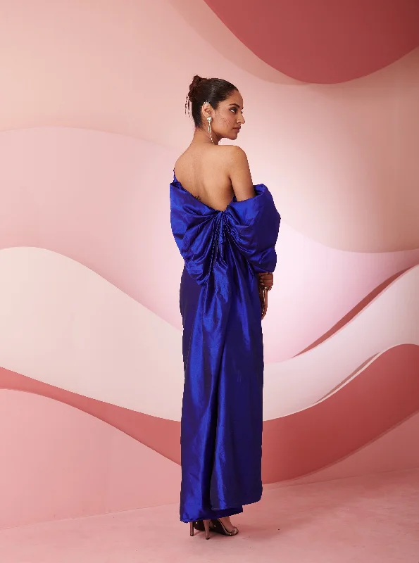 Party dress with cardigan -Sedna Blue Silk Draped Column Gown
