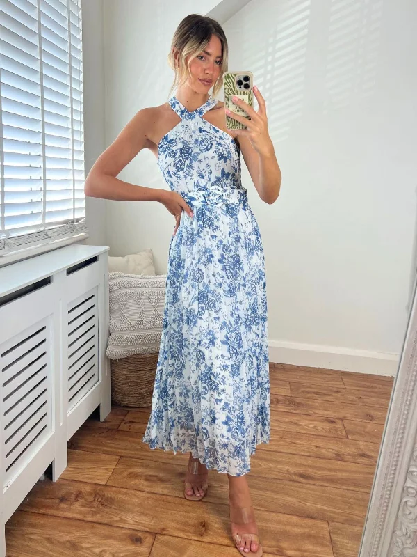 Dress for party current style -Paige Halter Pleated Belted Dress / Blue Floral