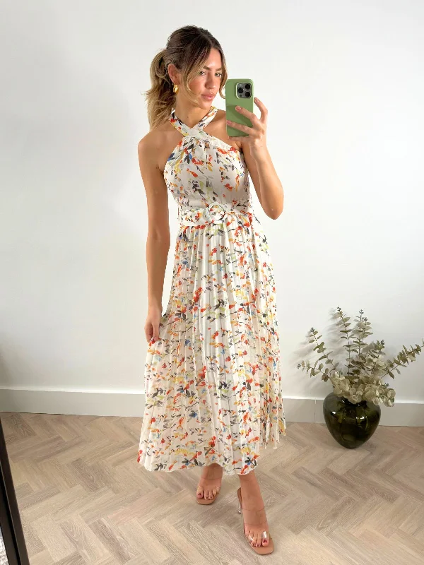 Party dress that is picture-perfect -Paige Halter Pleated Belted Dress / Multi Floral