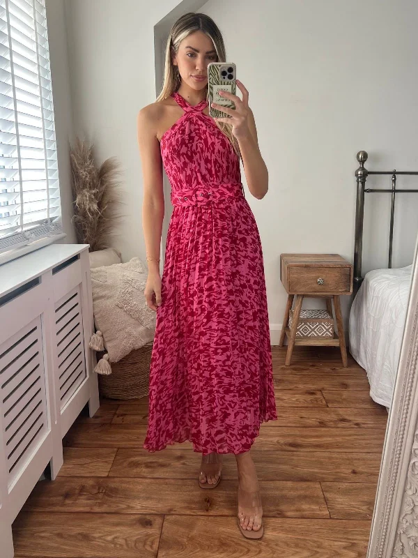 Dress for party celebratory event -Paige Halter Pleated Belted Dress / Pink Animal