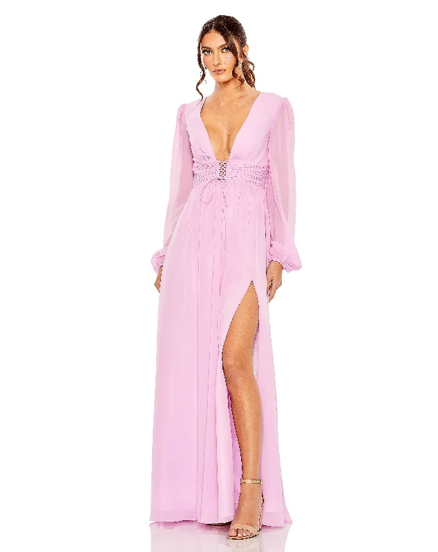 contrast sleeve evening dresses-Plunge Neck Lace Up Evening Gown