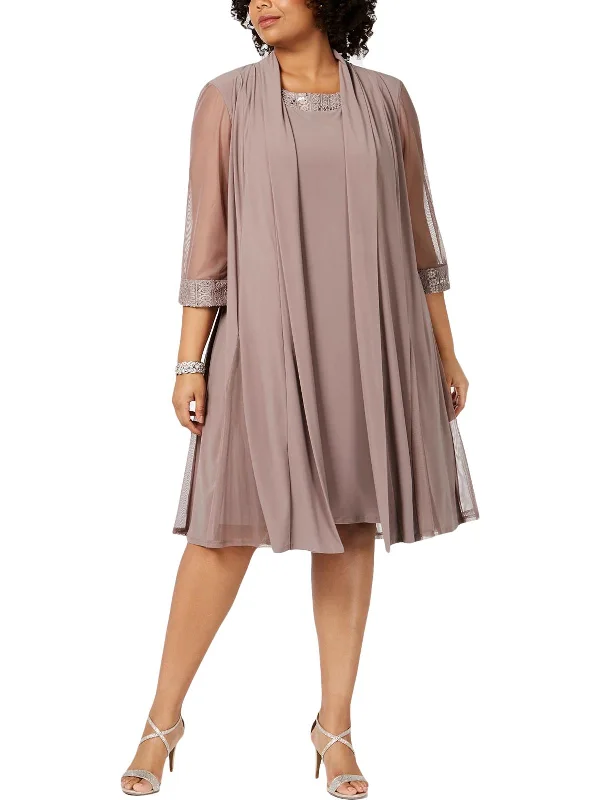 long sleeve evening dresses for winter-Plus Womens Embellished Evening Two Piece Dress