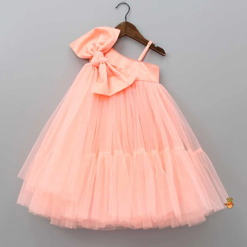 Party dress: latest trends -Pre Order: Bow Adorned Peach One Shoulder Gown
