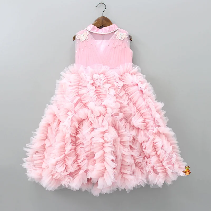 Party dress with statement jewelry -Butterfly Embellished Ruffle Gown