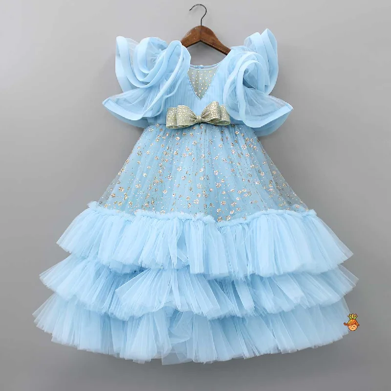 Dress for party lively celebration -Pre Order: Fancy Blue Pleated Yoke Multi Layered Gown Dress for party lively celebration -Pre Order: Fancy Blue Pleated Yoke Multi Layered Gown
